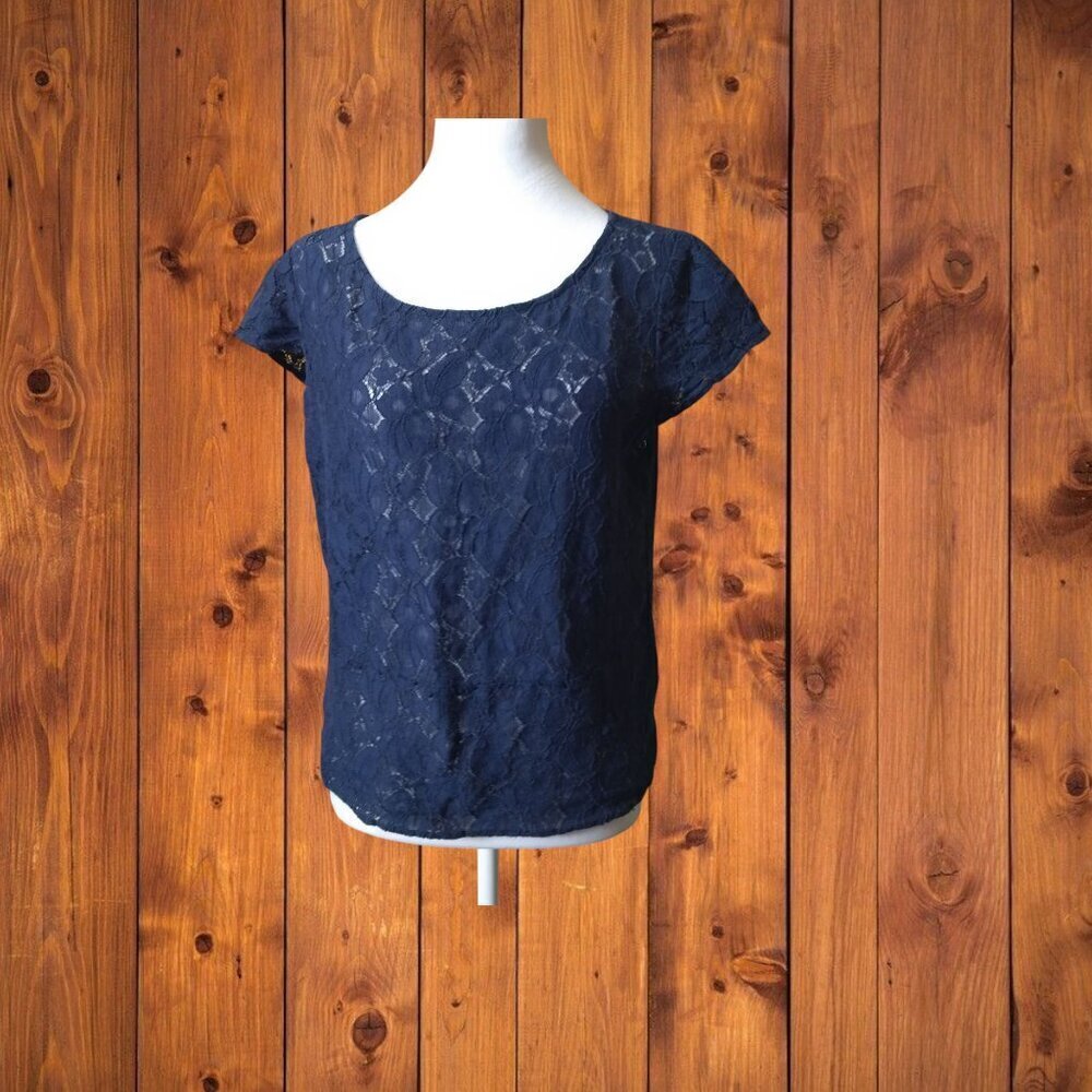 Alex + Alex  Size 4 Blue Lace Pullover Transparent Blouse Short Sleeve Romantic